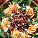 Spinach salad with sliced pears, pomegranate seeds, and maple-lemon mustard dressing on a white platter
