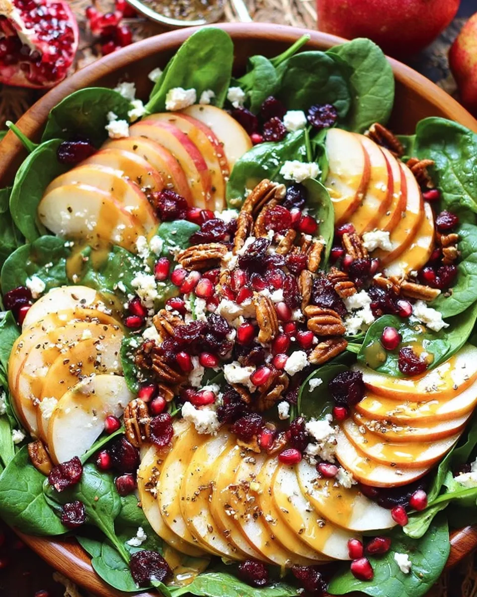 Spinach salad with sliced pears, pomegranate seeds, and maple-lemon mustard dressing on a white platter