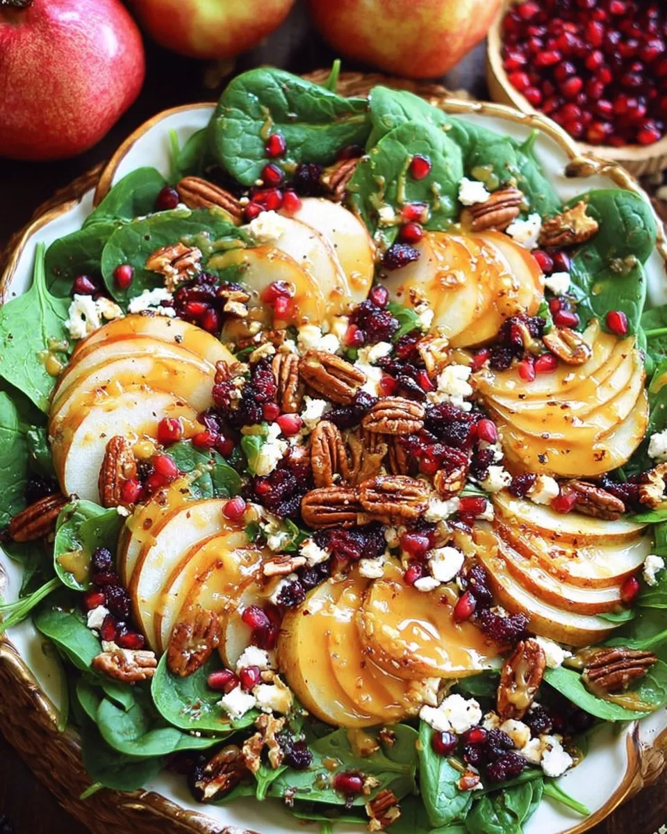 Assembling pear and pomegranate spinach salad