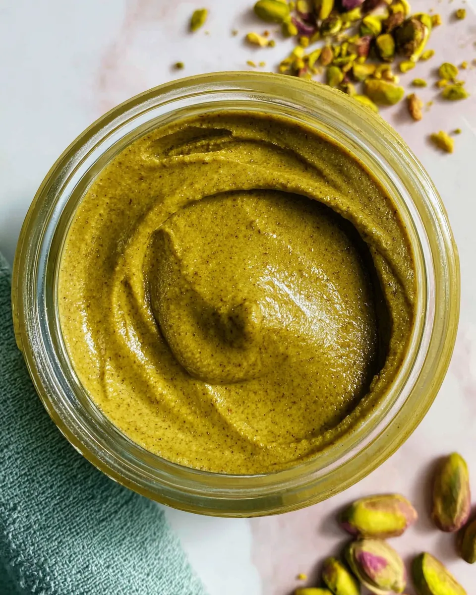 Jar of smooth pistachio butter with spoon and scattered pistachios on a wooden surface