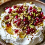 Pomegranate Pistachio Whipped Feta in ceramic bowl with garnishes