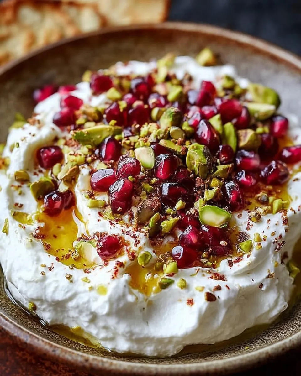 Pomegranate Pistachio Whipped Feta in ceramic bowl with garnishes