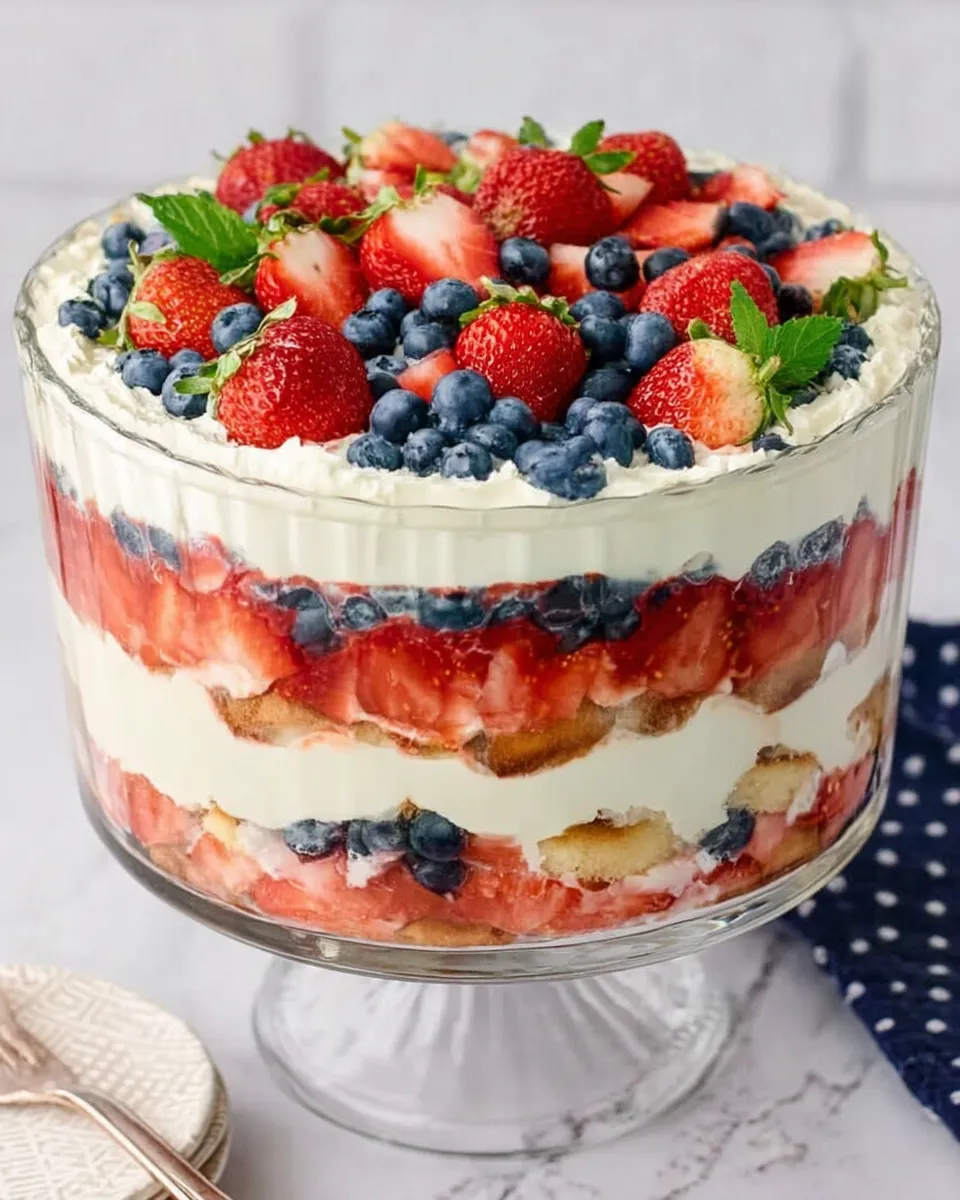 Red white and blue berry tiramisu in a glass dish