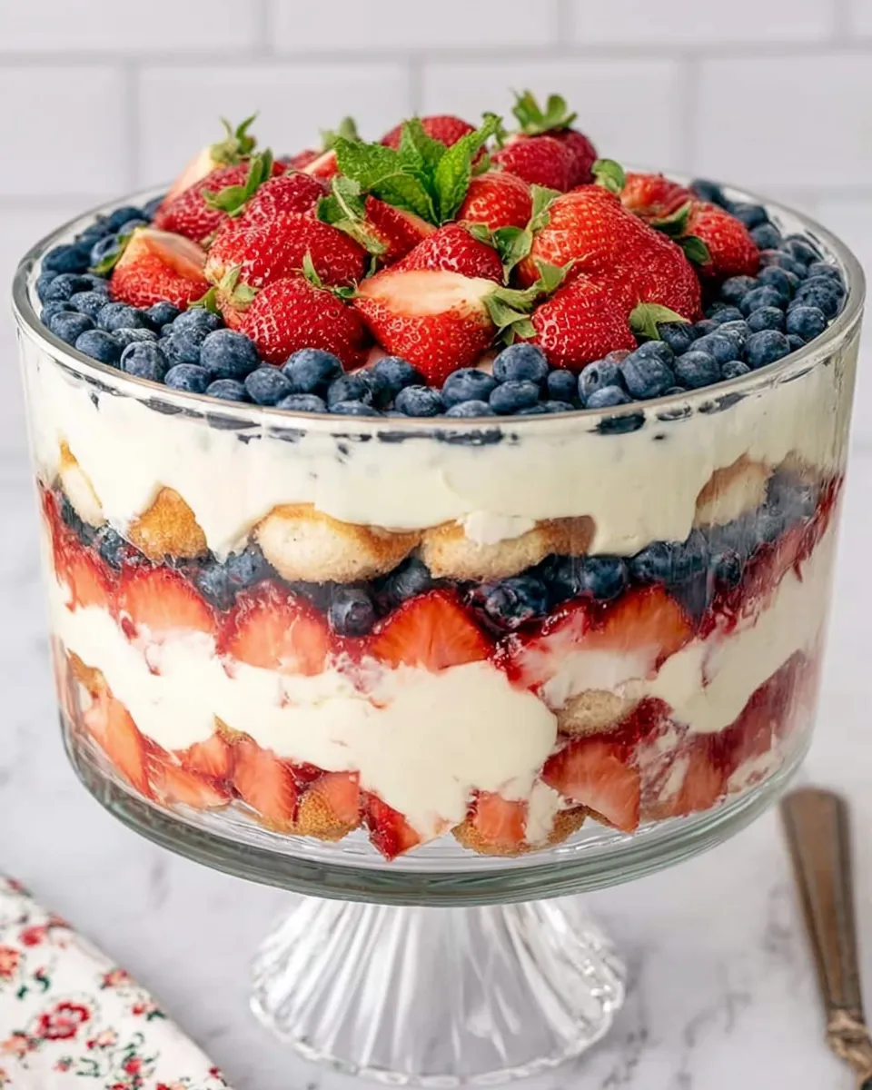 Red, white, and blue berry tiramisu in a glass dish with layered cream, strawberries, blueberries, and raspberries