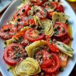 Tomato and artichoke salad with capers, red onions, and fresh herbs in a white bowl