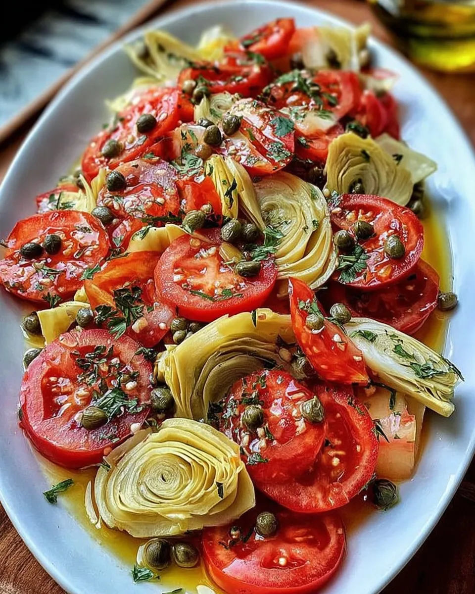 Tomato and artichoke salad with capers, red onions, and fresh herbs in a white bowl