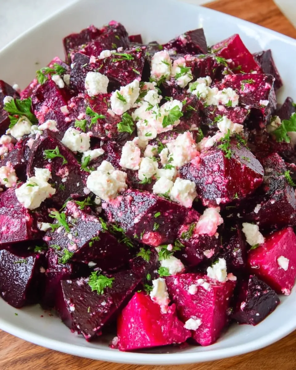 Colorful roasted beet salad topped with crumbled feta, parsley, and vinaigrette