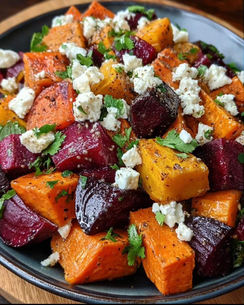 Colorful roasted beets and sweet potatoes with crumbled feta and fresh cilantro on a white platter