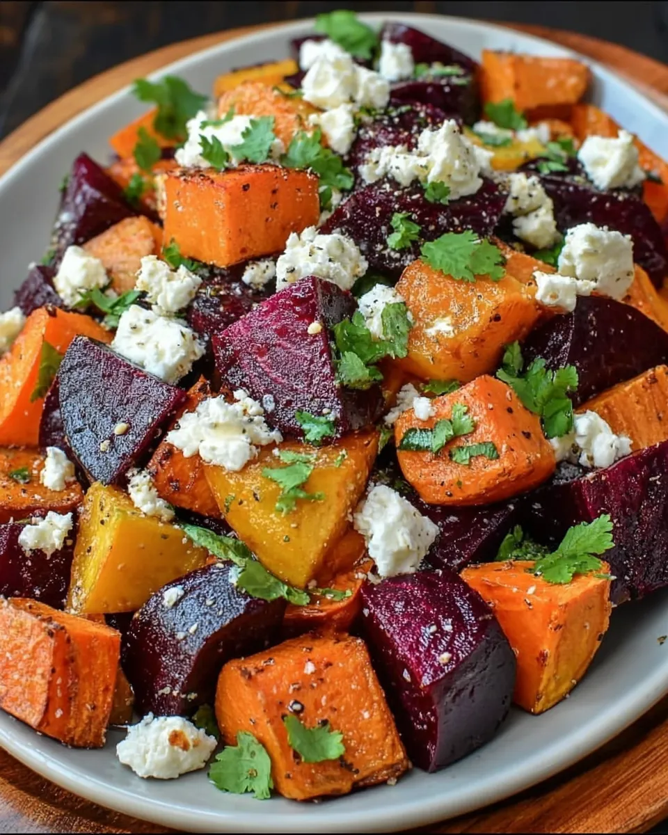 Colorful roasted beets and sweet potatoes with crumbled feta and fresh cilantro on a white platter