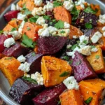 Colorful roasted beets and sweet potatoes with crumbled feta and fresh cilantro on a white platter