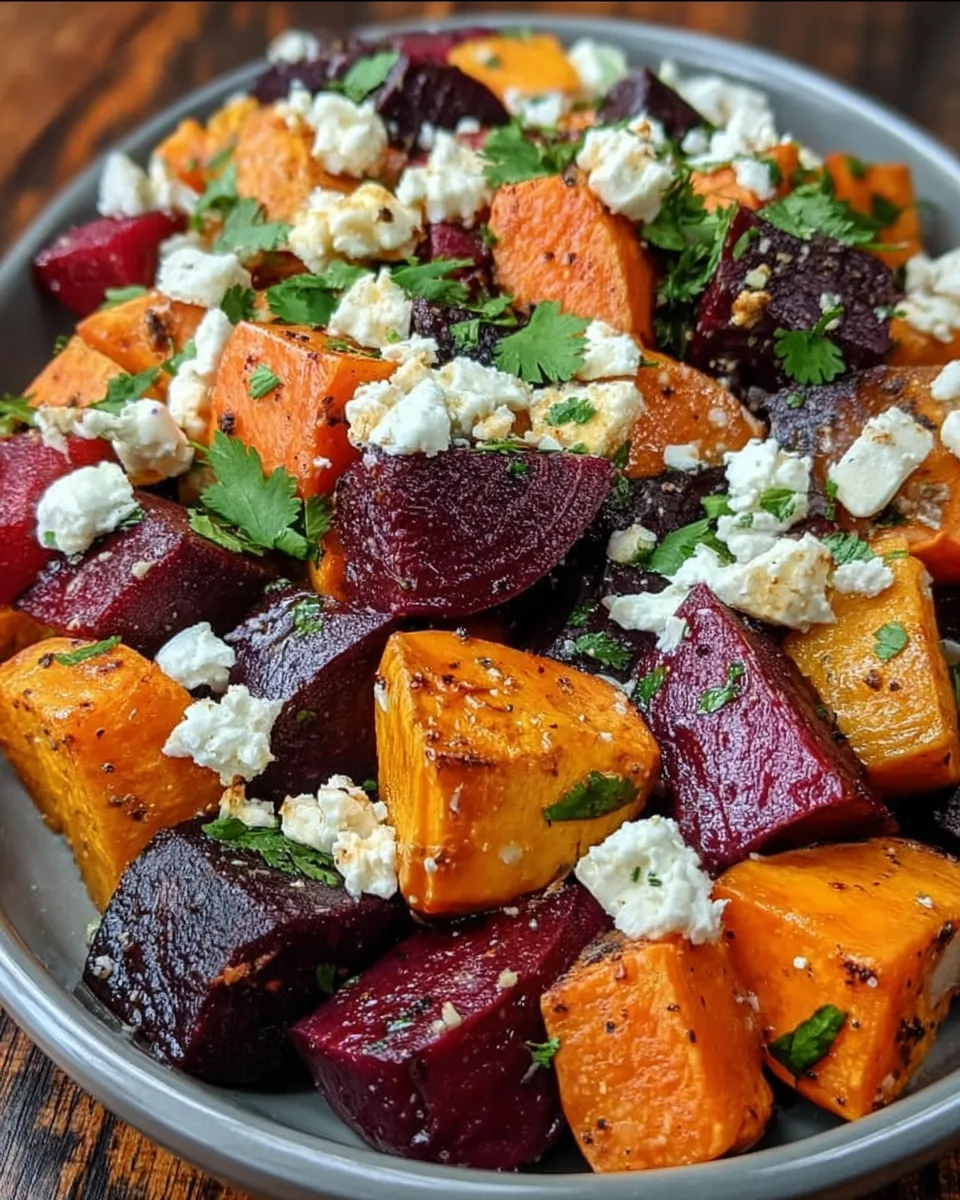 Colorful roasted beets and sweet potatoes with crumbled feta and fresh cilantro on a white platter