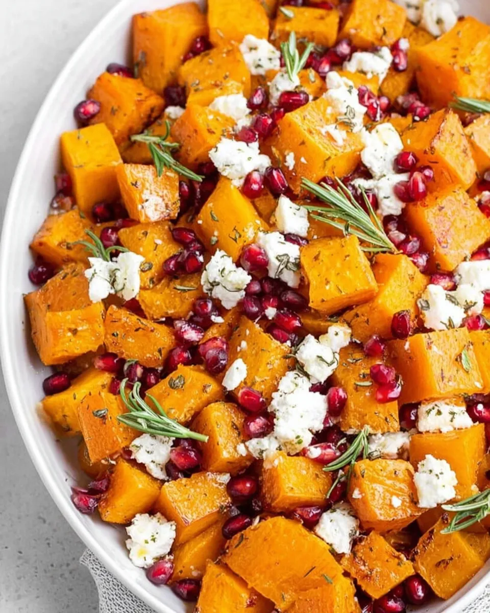 Roasted butternut squash with goat cheese, pomegranate seeds, and rosemary sprigs