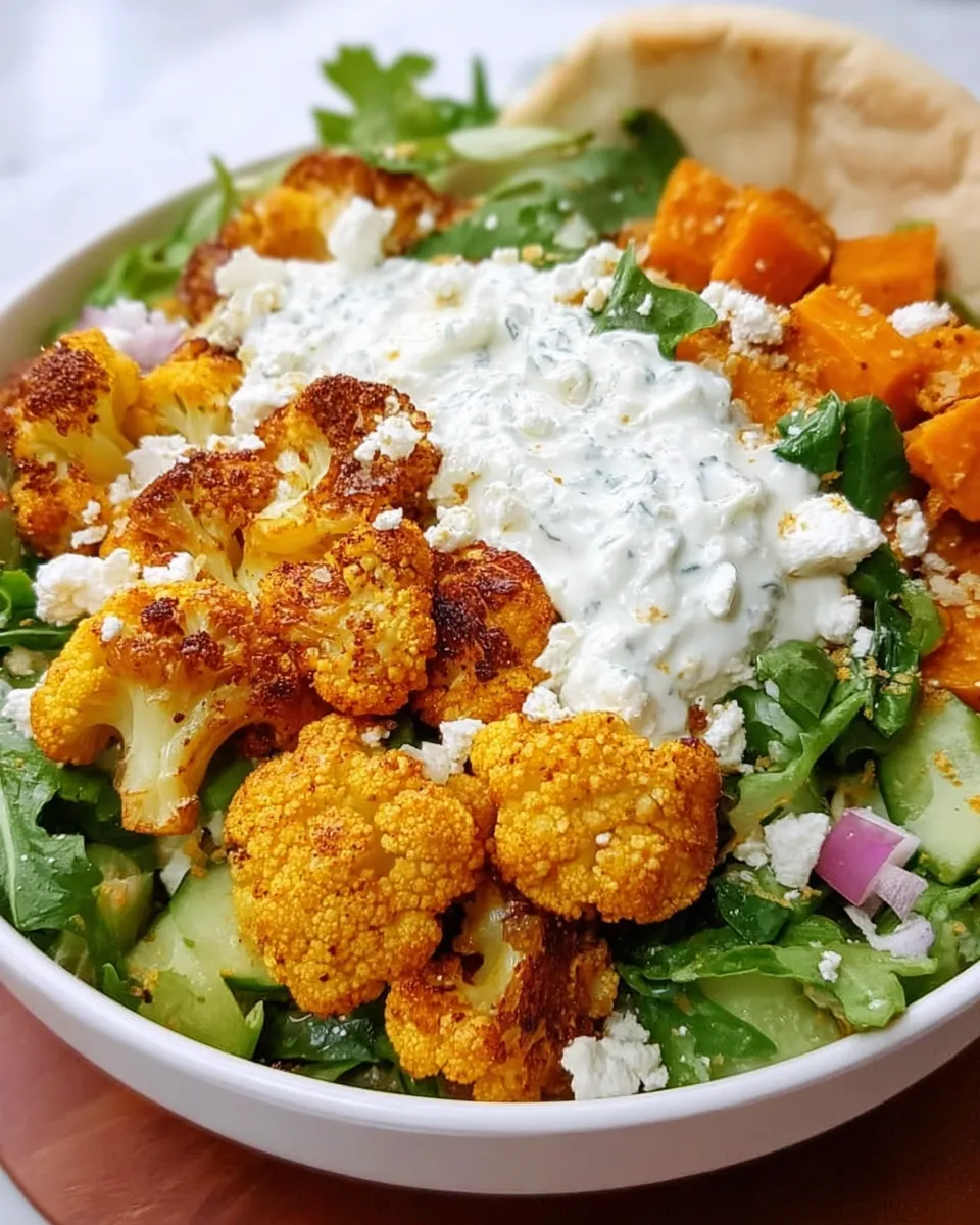 Mediterranean roasted cauliflower sweet potato bowl