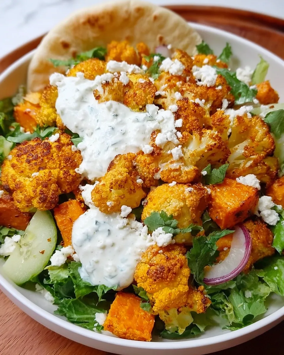 Bowl filled with roasted cauliflower, sweet potatoes, feta, and tzatziki over grains and greens