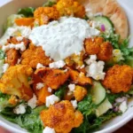 Roasted cauliflower sweet potato bowl Mediterranean style