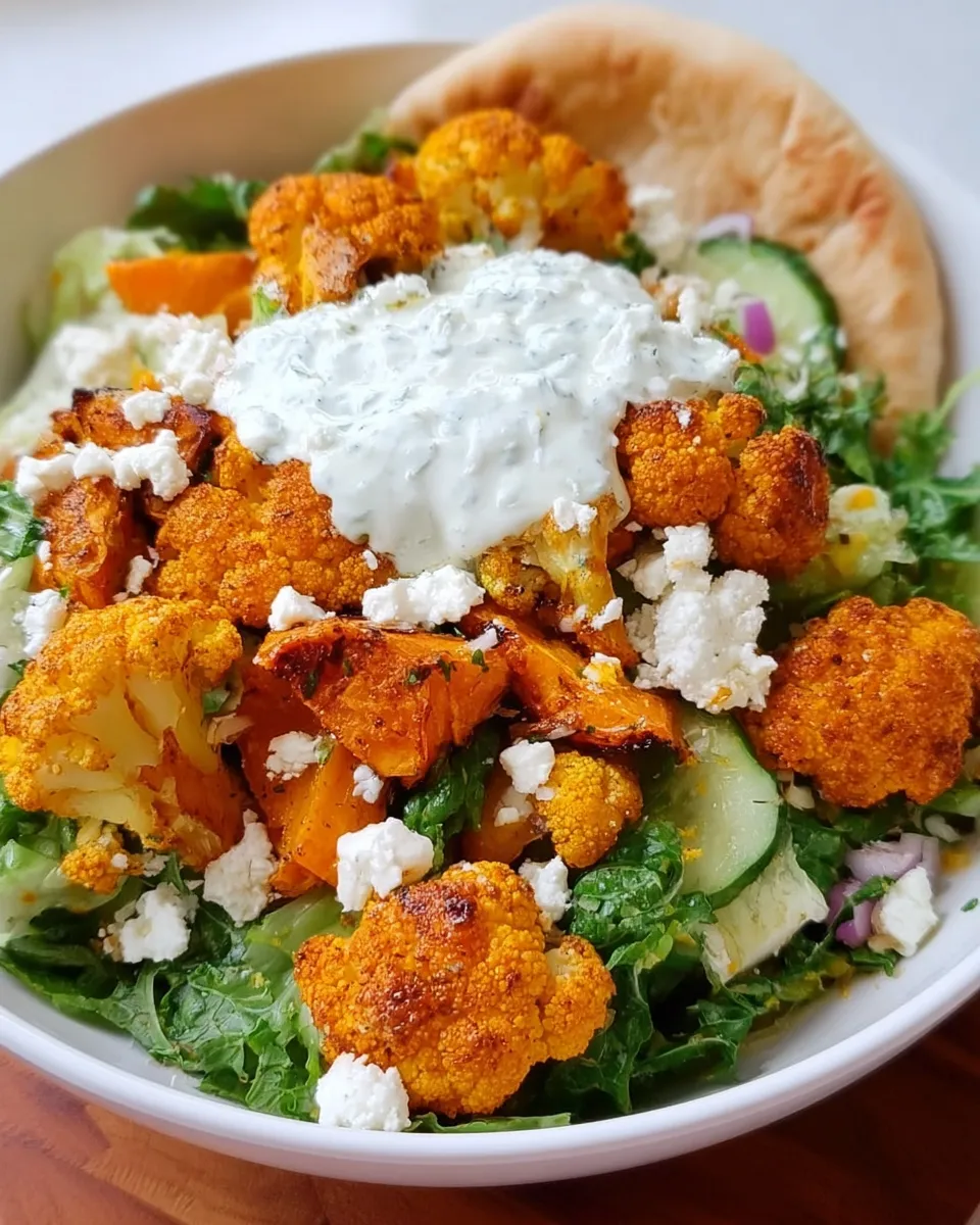 Roasted cauliflower sweet potato bowl Mediterranean style