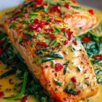Roasted salmon with creamy spinach and red pepper in skillet