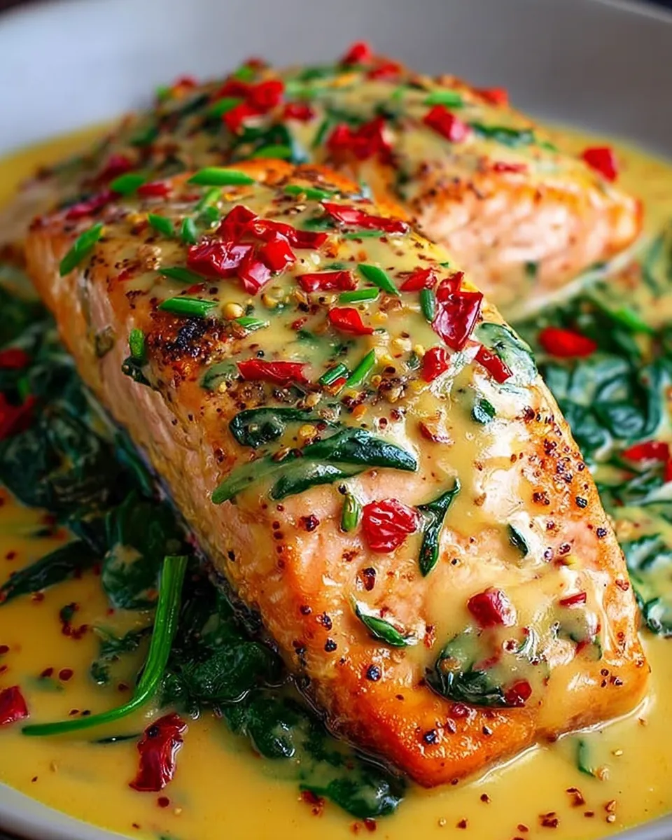 Roasted salmon with creamy spinach and red pepper in skillet