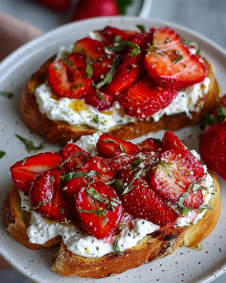 Crispy toast topped with creamy whipped ricotta, roasted strawberries, and a drizzle of honey