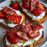 Crispy toast topped with creamy whipped ricotta, roasted strawberries, and a drizzle of honey
