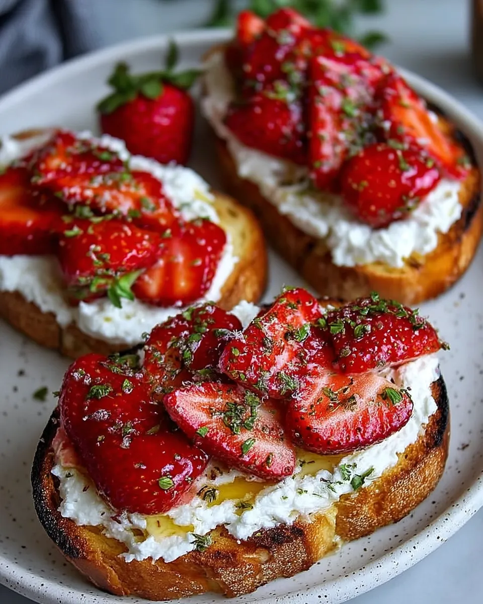 Crispy toast topped with creamy whipped ricotta, roasted strawberries, and a drizzle of honey