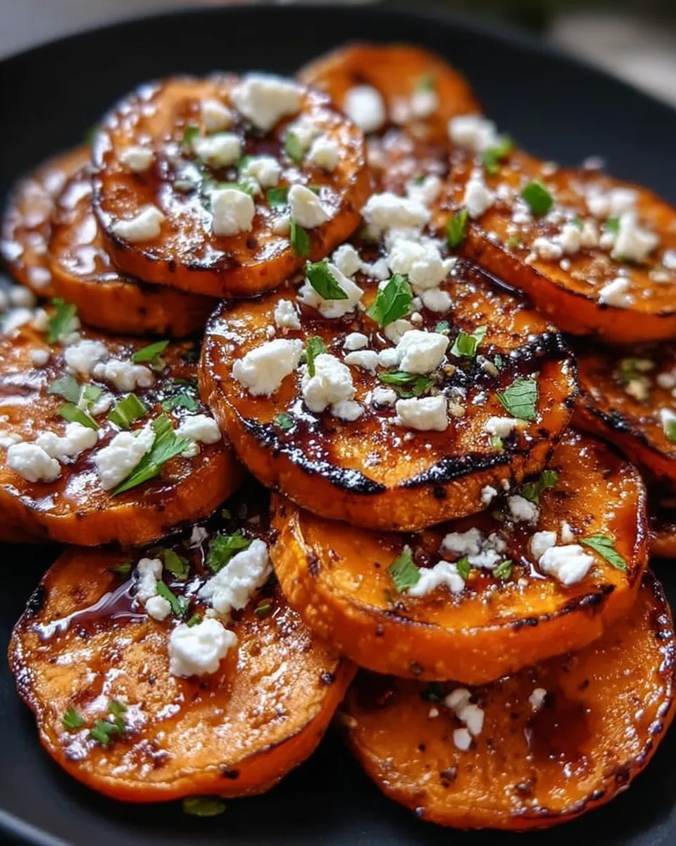 Roasted sweet potato rounds with honey and feta on plate