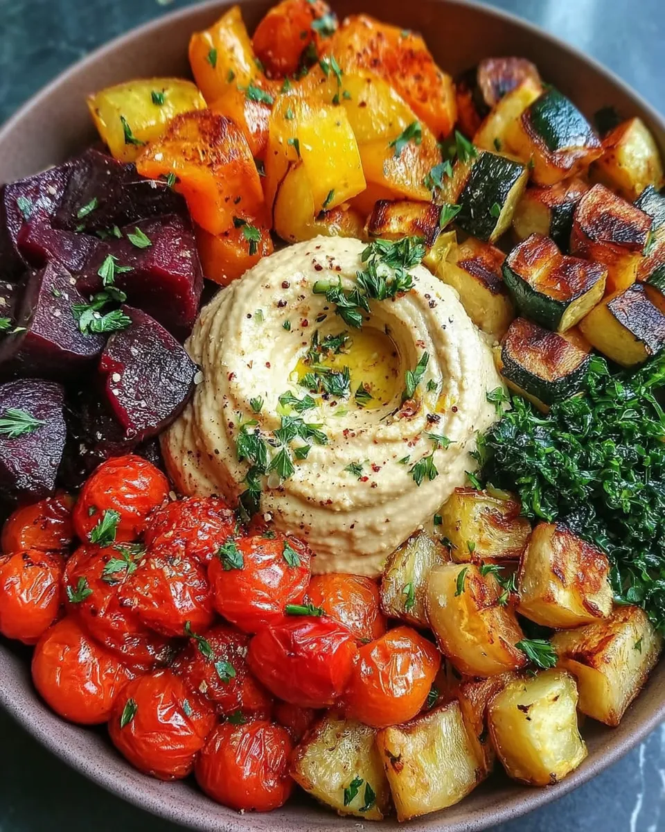 Power bowl with roasted vegetables, creamy hummus, and crunchy toppings in a rustic bowl