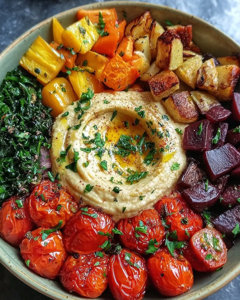 assembled roasted veggie and hummus bowl