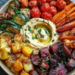 roasted veggie and hummus bowl with colorful vegetables and creamy hummus