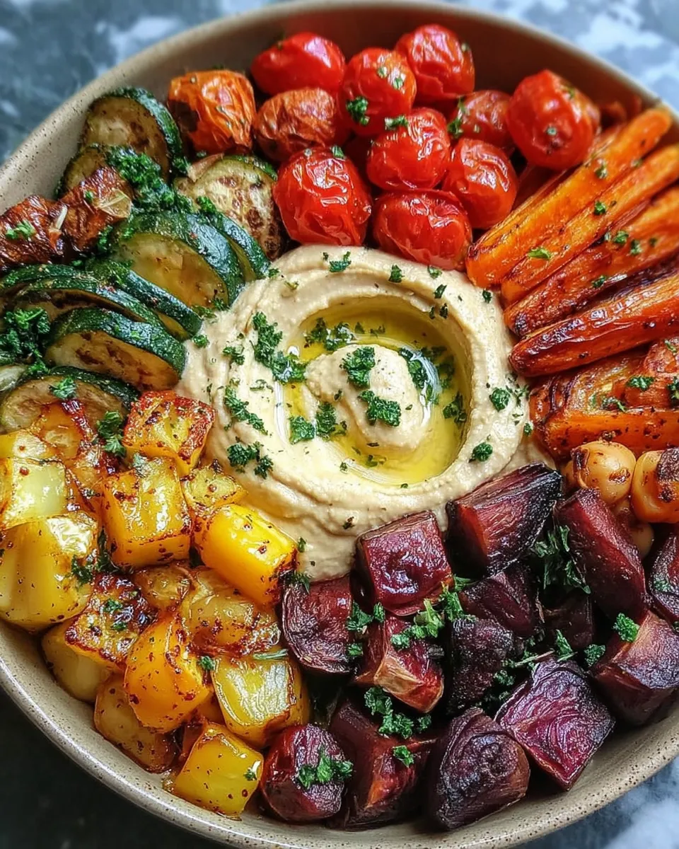 roasted veggie and hummus bowl with colorful vegetables and creamy hummus