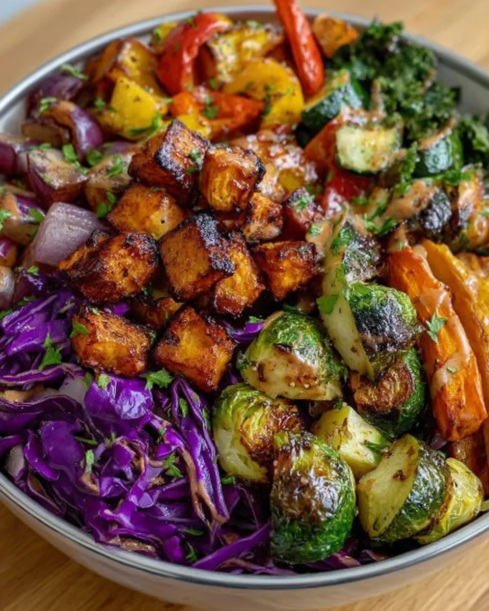 Raw ingredients for roasted veggie and purple slaw bowl arranged beautifully