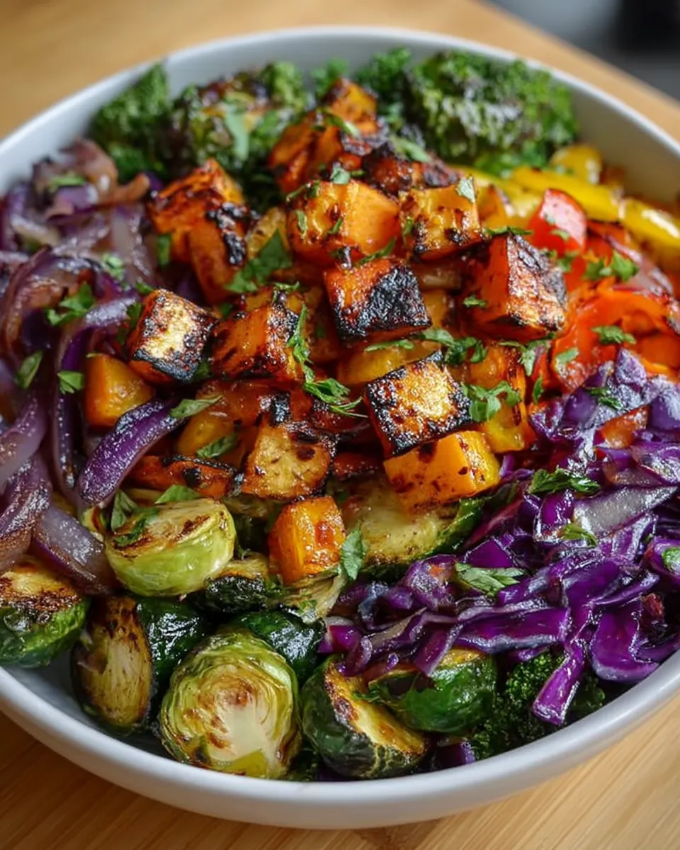 Step-by-step preparation of roasted veggie and purple slaw bowl