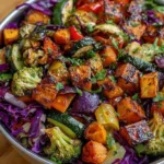 Colorful roasted veggie bowl with purple cabbage slaw served in a white bowl