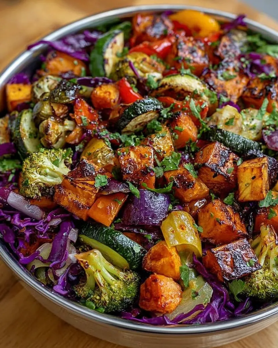 Colorful roasted veggie bowl with purple cabbage slaw served in a white bowl