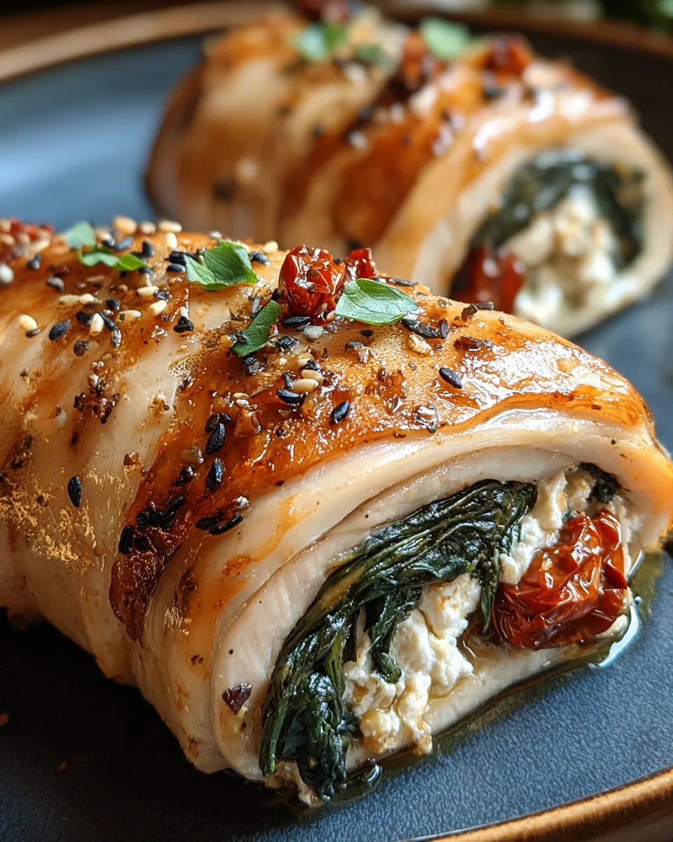 Rolled chicken stuffed with feta and spinach
