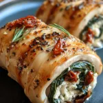 Sliced chicken roulades stuffed with feta, spinach, and sun-dried tomatoes on a serving plate