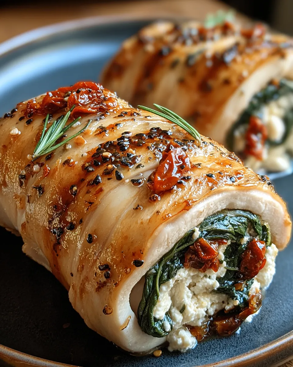 Sliced chicken roulades stuffed with feta, spinach, and sun-dried tomatoes on a serving plate
