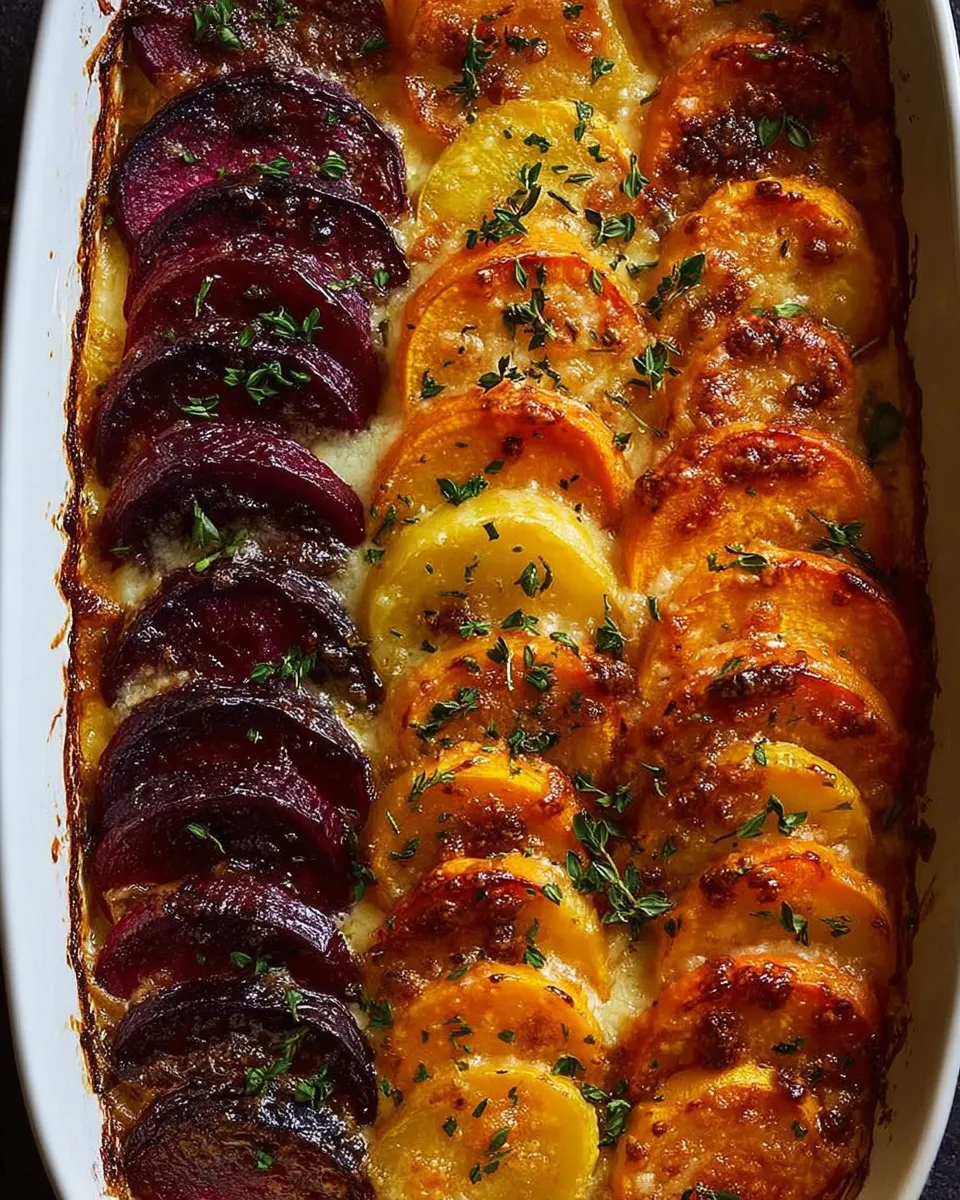 plated root vegetable gratin serving