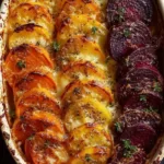 Sliced root vegetable gratin with sweet potatoes, parsnips, and beets in a creamy sauce