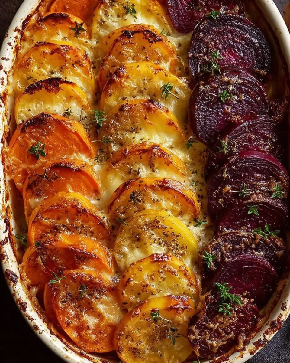 Sliced root vegetable gratin with sweet potatoes, parsnips, and beets in a creamy sauce
