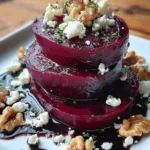 Stacked slices of roasted beet layered with goat cheese and drizzled with walnut thyme vinaigrette