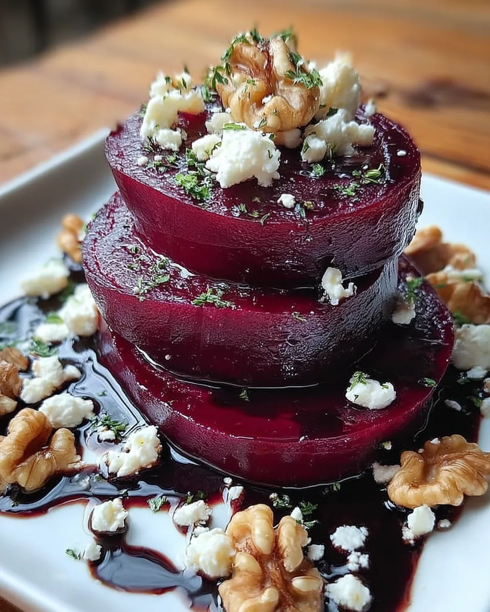 Stacked slices of roasted beet layered with goat cheese and drizzled with walnut thyme vinaigrette