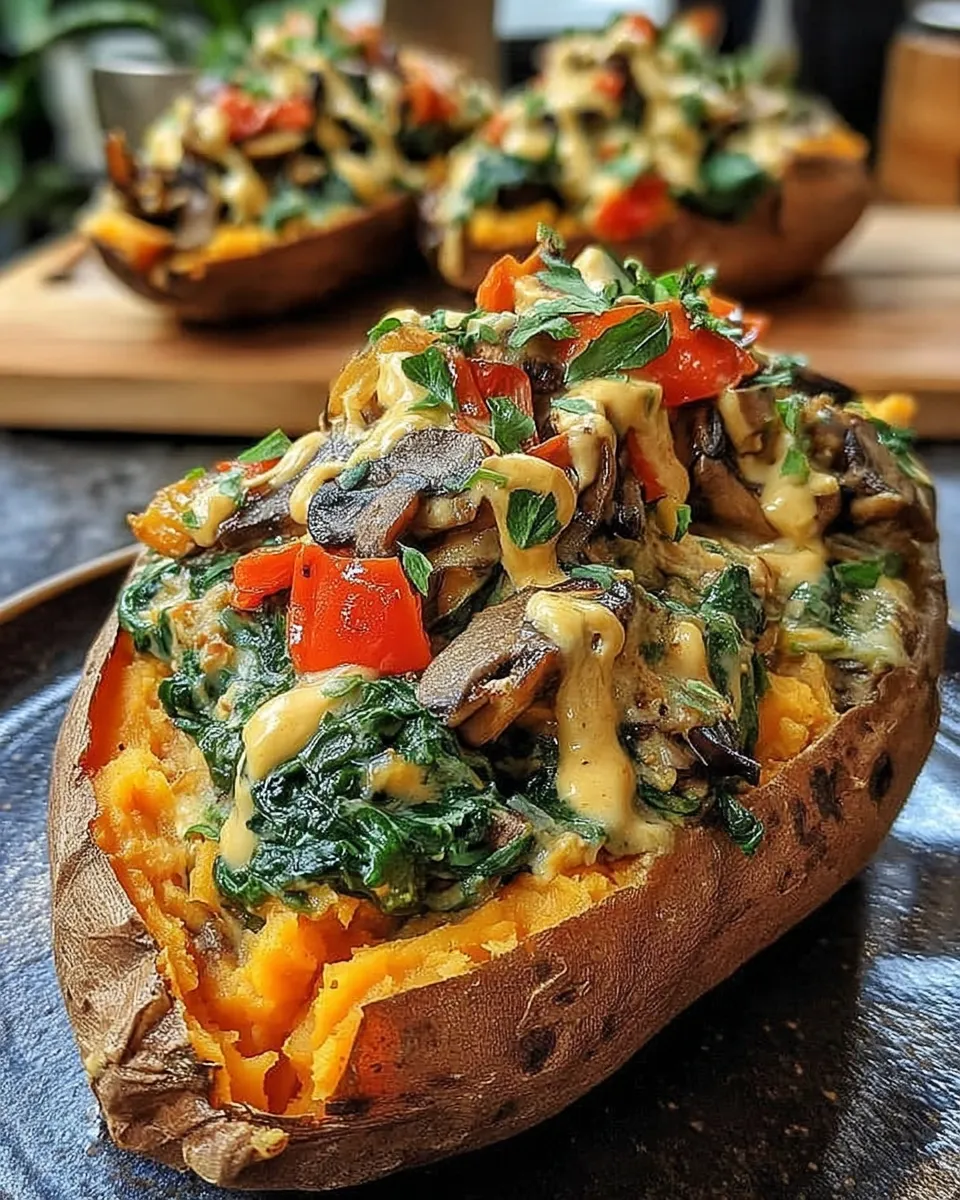 Stuffed sweet potatoes with spinach, mushroom, and feta
