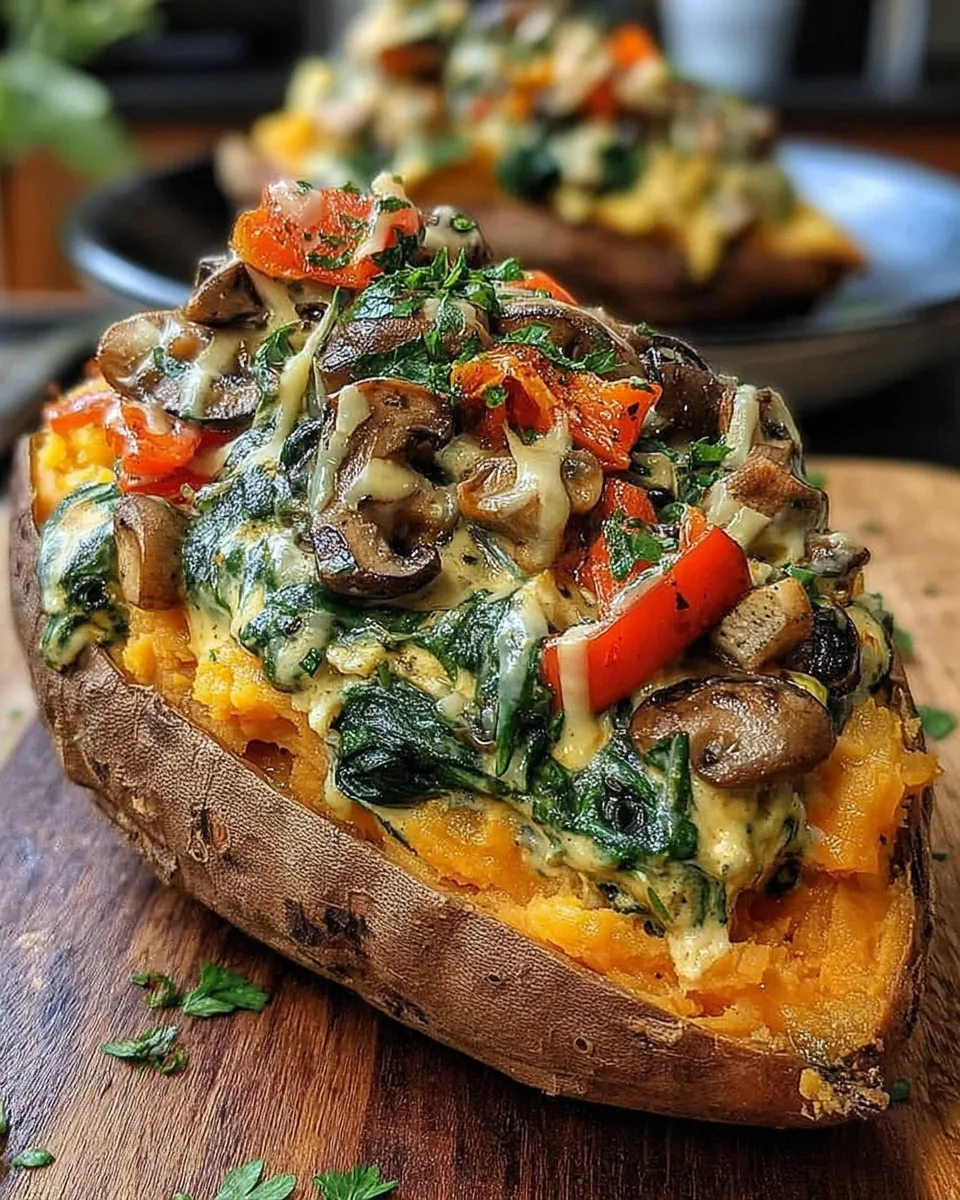 Stuffed sweet potatoes with spinach, mushrooms, roasted red peppers, and feta topped with lemon tahini dressing