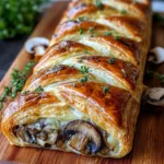 Golden-brown puff pastry braid filled with sautéed mushrooms and melted Gruyère cheese