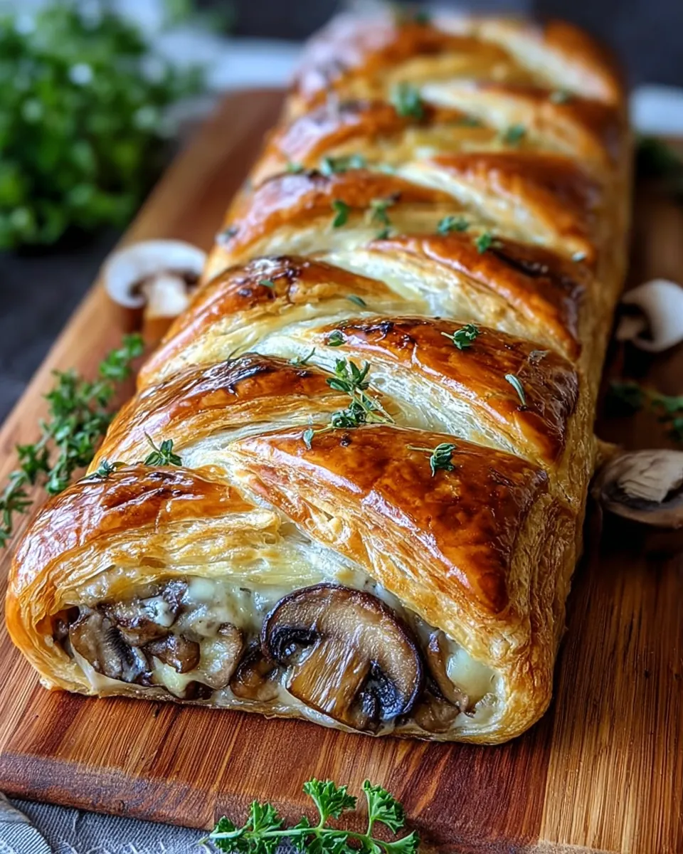 Golden-brown puff pastry braid filled with sautéed mushrooms and melted Gruyère cheese