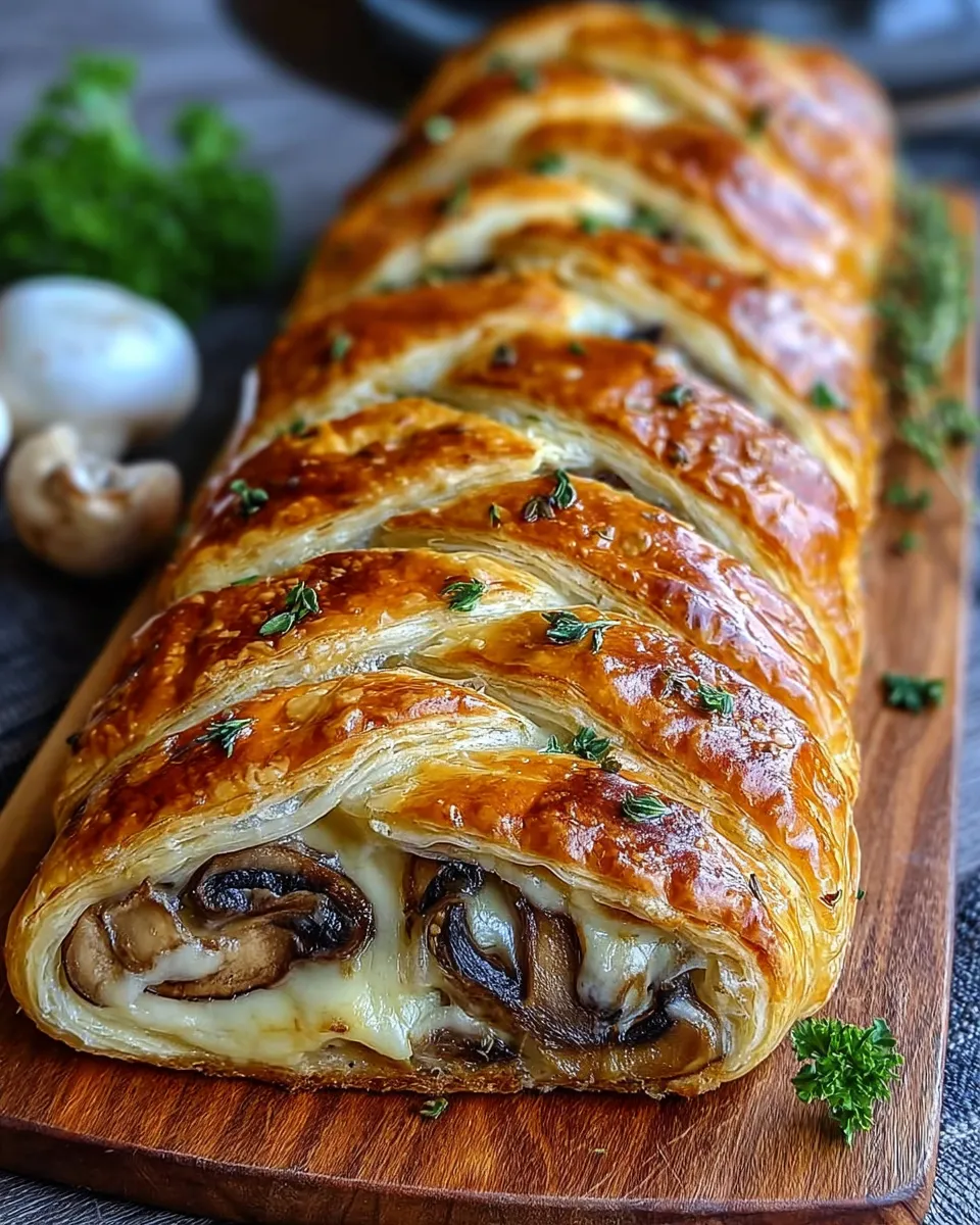 braiding puff pastry around mushroom filling