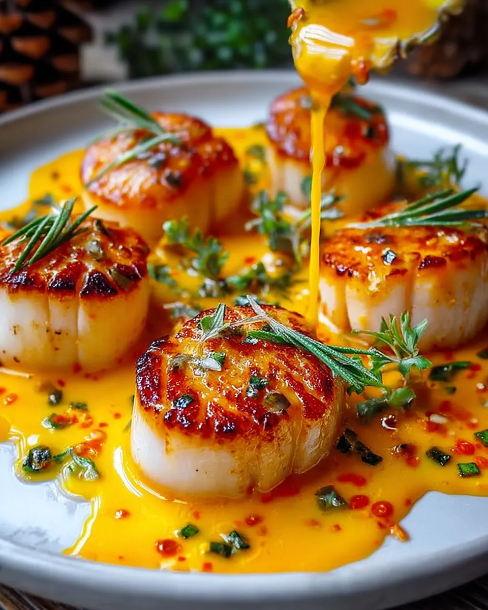 scallops in saffron cream sauce on rustic plate