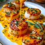 Seared scallops in a golden saffron cream sauce garnished with herbs on a white plate