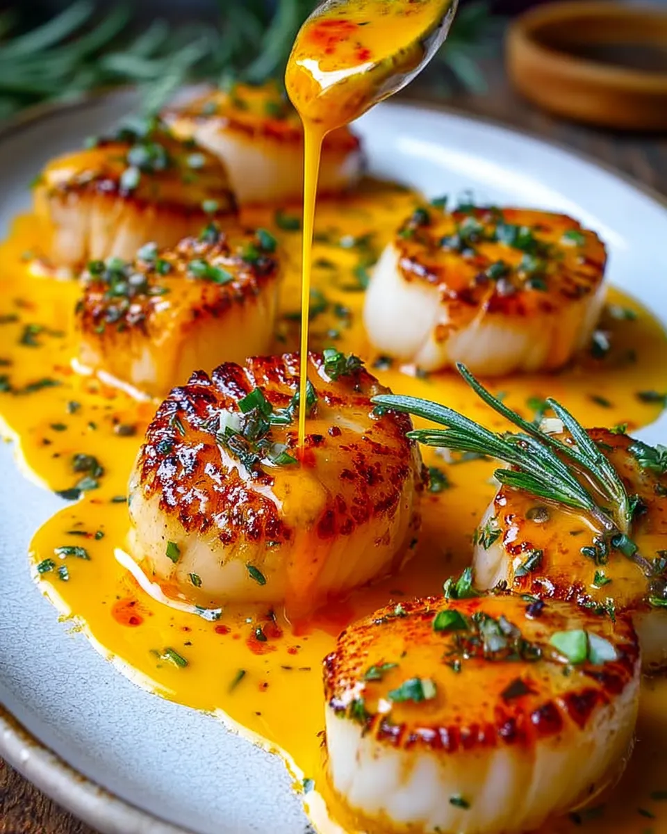 Seared scallops in a golden saffron cream sauce garnished with herbs on a white plate